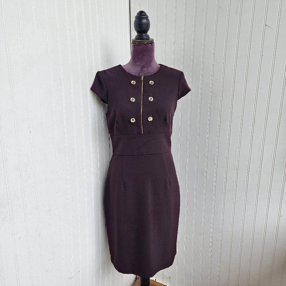 Sandra Darren Womens Sheath Dress Brown Gold Buttons Cap Sleeve Stretch Sz 8